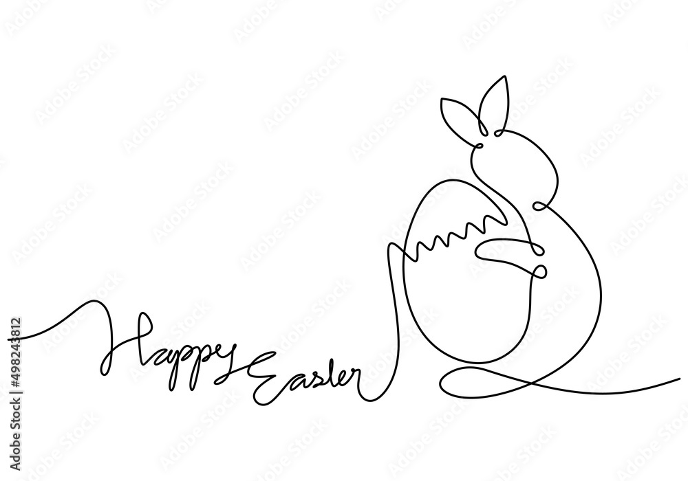 Poster one continuous single line of rabbit hug egg for easter day isolated on white background.