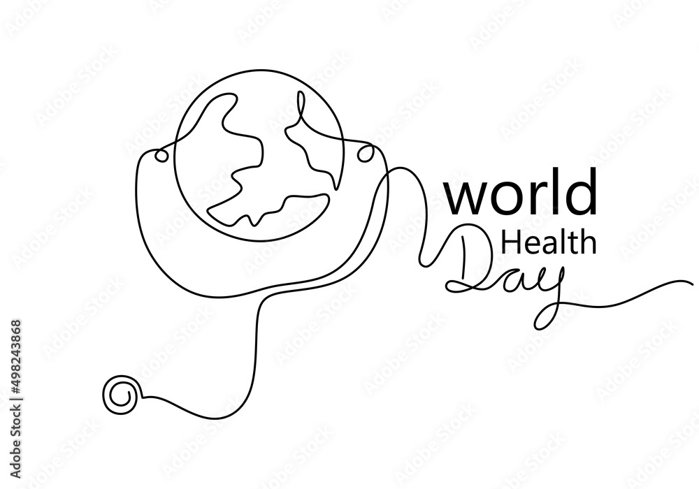 Poster one continuous single line of stethoscope and globe for world health day isolated on white backgroun