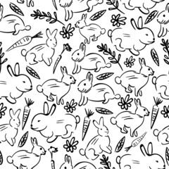 One continuous single line of rabbit carrot and plant seamless pattern isolated on white background.