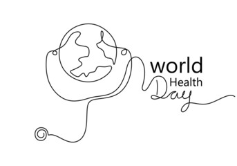 One continuous single line of stethoscope and globe for world health day isolated on white background.