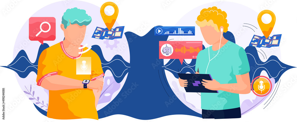 Poster voice assistant. smart speaker virtual assistant, sound robot, people using voice controlled smart s