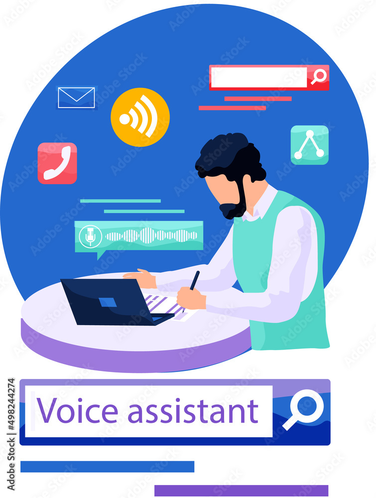 Poster voice assistant software agent perform tasks for user. young man makes sound recording using laptop.