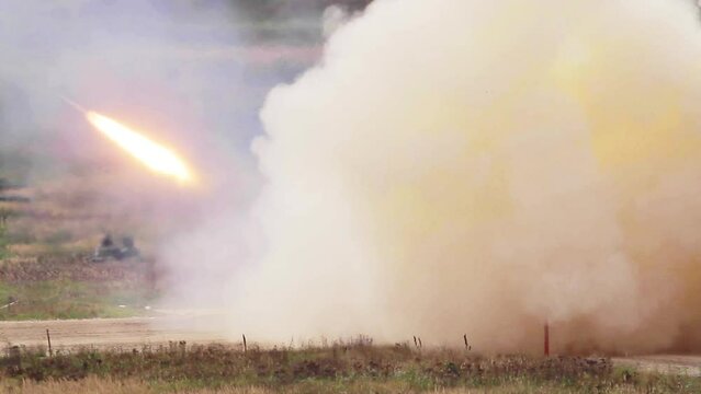 The tank multiple launch rocket system launches missiles, demonstrating the strength and firepower of Russian military equipment.