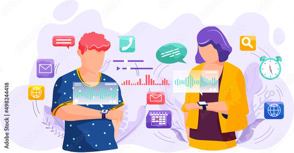 Poster voice assistant. smart speaker virtual assistant, sound robot, people using voice controlled smart s