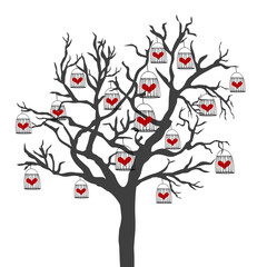 Obraz premium Abstract illustration of a tree with bird cages that have hearts closed in them