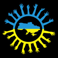 Help Ukraine concept with map of Ukraine and various hands raised asking for help