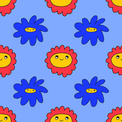 Fototapeta na wymiar 1970 good vibes and 1970 daisy flower.vector psychedelic art - seamless pattern with hippie flowers.Funky and groovy floral ornament.Vibrant square textile with flowers dudes characters. 
