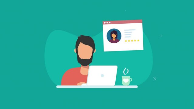 Customer profile analysis animation concept.freelancer man on computer. turquoise background
