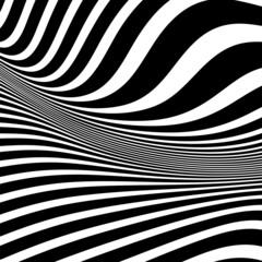 Naklejka premium Abstract pattern of wavy stripes or rippled 3D relief black and white lines background. Vector twisted curved stripe modern trendy