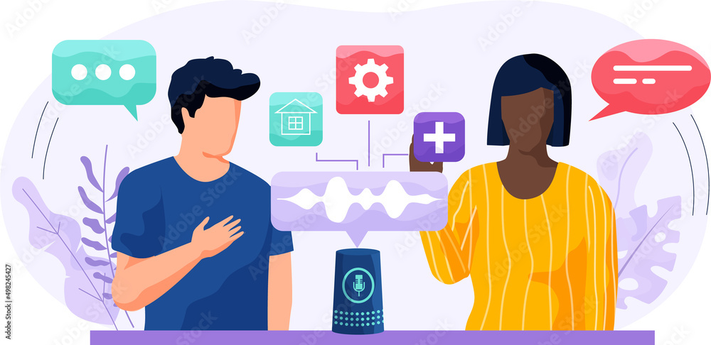 Poster voice assistant. smart speaker virtual assistant, sound robot, people using voice controlled smart s