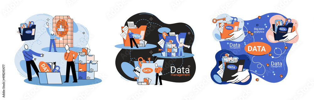 Poster big data analytics platform, data management and protection creative metaphor set abstract concept. 