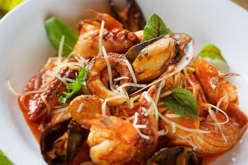 Seafood pasta - shrimp, clams and octopus served with cheese and basil leaves and red sauce