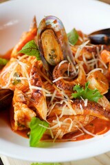 Seafood pasta - shrimp, clams and octopus served with cheese and basil leaves and red sauce