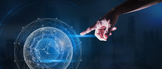 Business hands touch the Wireless connection global network and global information exchange.