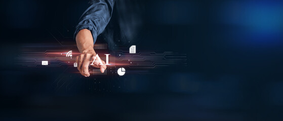 Man hand holds the Interface technology AI which is virtual screen. Artificial intelligence concept.