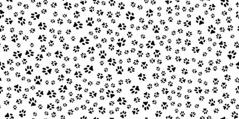 Pet footprints horizontal seamless pattern. Animal print. Black prints of tracks of a cat, dog on a white background. Pet paw print silhouettes. Nice texture. Vector