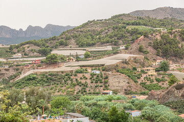 Fototapeta premium Greenhouses and houses in a valley of the Alicante region in Spain