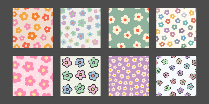 Set Of Groovy Flower Seamless Pattern. Cool Y2K Floral Background. Retro Blossom Funky Backdrop Vector Illustration.