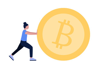 Character pushing a large crypto coin