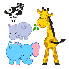 Obraz na płótnie Canvas Set of cute animals of the African savannah. Giraffe, elephant, hippo, zebra. Back view..Vector drawings on a white background in cartoon style. Children's illustration.