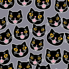 .Black meowing cats on a gray background. Vector seamless pattern. Cartoon style..