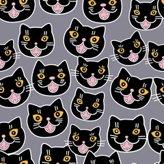 Fotobehang .Black meowing cats on a gray background. Vector seamless pattern. Cartoon style.. © INESA