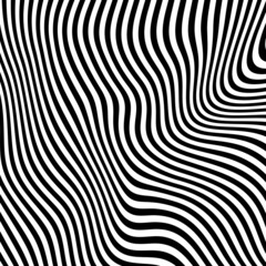 Abstract hypnotic pattern with black-white striped lines. Psychedelic background. Op art, optical illusion. Modern design, graphic texture.