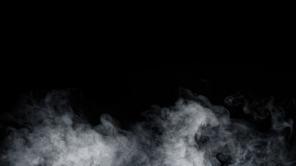 Panoramic view of the abstract fog. White cloudiness, mist or smog moves on black background. Beautiful swirling gray smoke. Mockup for your logo.