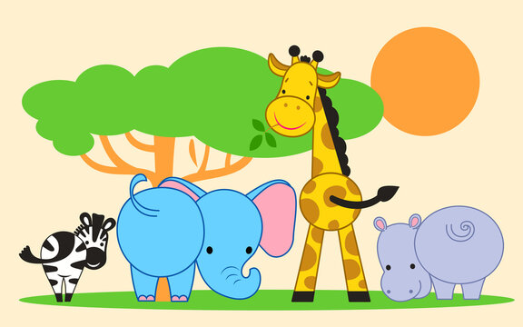 .Composition with cute funny animals of the African savanna. Giraffe, elephant, hippo, zebra, acacia.Back view.Vector isolated drawings in the cartoon style.Children's illustration.