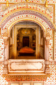 Rich decorated interior and bedroom of Lalgarh Palace, Bikaner, Rajasthan, India, Asia