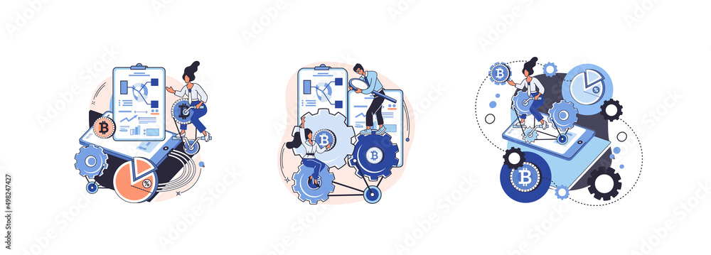 Poster cryptocurrency bitcoin mining metaphor blockchain exchange platform. cyber banking procedures, bitco
