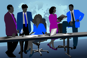Working Business Team in a modern office space. Vector illustration of a group of Male and Female Business People depicted as color silhouettes against a world map background.