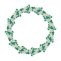 Round wreath of cherry or apple tree. Frame with white flowers. Spring blooming composition with buds and leaves. Festive decoration for wedding, holiday, postcard and design. Vector flat illustration