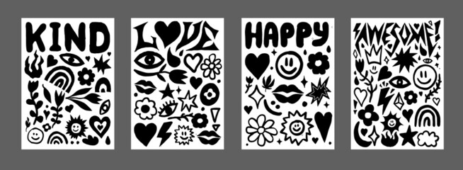 Groovy Funny Posters Collection. Set of Acid Hand Drawn Shapes Vector Design.