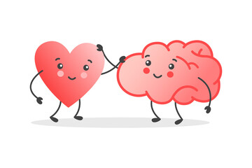 Balance between cute heart and brain on scale. Mind and feeling harmony сoncept. Vector illustration in flat style for banner, poster, card