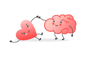 Balance between cute heart and brain on scale. Mind and feeling harmony сoncept. Vector illustration in flat style for banner, poster, card