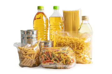 Foodstuff for donation, storage and delivery. Various food, pasta, cooking oil and canned food in...