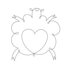 Cute lamb with a heart on its belly vector linear illustration. Sheep in continuous line art drawing style.