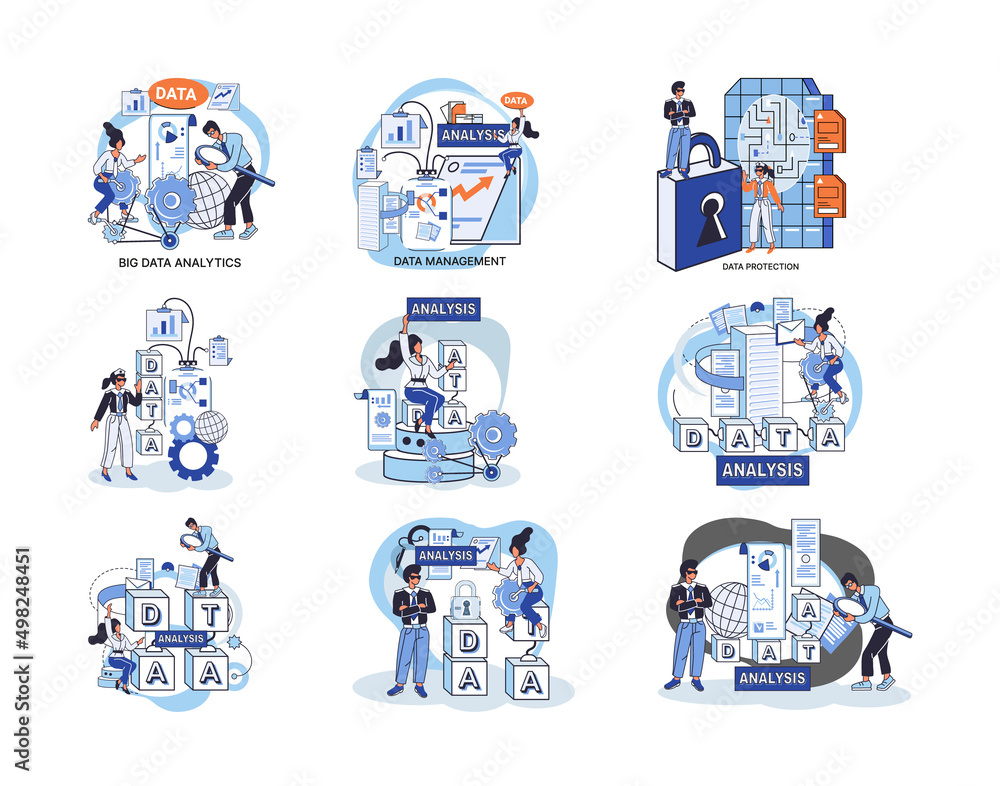 Poster big data analytics platform, data management and protection creative metaphor set abstract concept. 