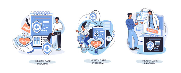 Health care program metaphor, online medical services, protection medicine. Medical insurance, hospital services, preventive check up, sick leave certificate treatment diagnosis patients, telemedicine