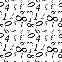 Abstract Black Seamless numbers. Numerical letters of the alphabet in random order on a white. Abstract vector design seamless pattern illustration. Newspaper style wallpaper or backdrop.