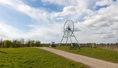 Newcastle-under-Lyme, Staffordshire,Apedale pit wheel memorial and coal tub located in Apedale...