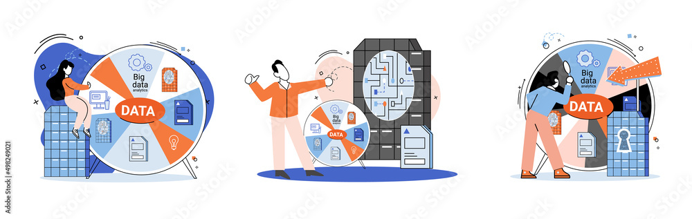 Poster big data analytics platform, data management and protection creative metaphor set abstract concept. 