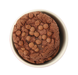 Delicious chocolate chip cookies in bowl isolated on white, top view