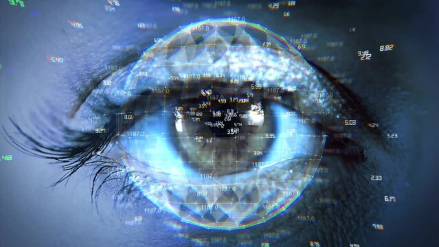 4k Loop Macro eye surveillance system futuristic graphical implementation. human being futuristic vision, protection of persons, security in the accesses. digital interface, identity and technology