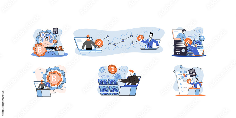 Poster cryptocurrency bitcoin mining metaphor blockchain exchange platform. cyber banking procedures, bitco