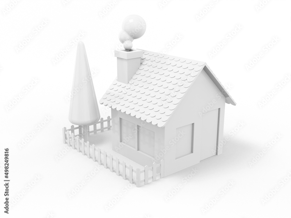 Poster white mono color house, rural landscape, fence, tree, garden on white solid background. minimalistic