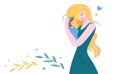 Mom and baby, child. Mothers Day. A young loving mother hugs her son or daughter. The concept of care, love for the child. Greeting card, template, banner, poster for breastfeeding day. Vector design