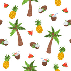 Hand drawn seamless pattern of travel summer vacation with palms, pineapple, watermelon, coconut. Flat vector illustration for textile print, wrapping paper