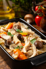 Chicken casserole. Served in black pots.